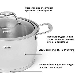 Кастрюля MIRANDA 4,0 л. со стеклянной крышкой (нерж. сталь)