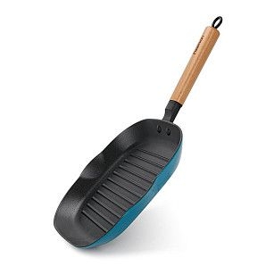 Сковорода-гриль 28x3,0см квадратная с деревянной  ручкой (эмалирова